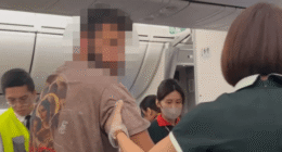 Dramatic moment boozed up passenger is hauled off busy plane after VOMITING on another flier