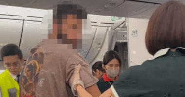 Dramatic moment boozed up passenger is hauled off busy plane after VOMITING on another flier