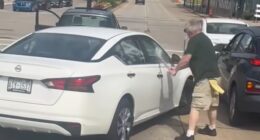 Explosive moment fuming driver pounds ‘idiot’ motorist’s car with bat before he’s almost squashed by bumper