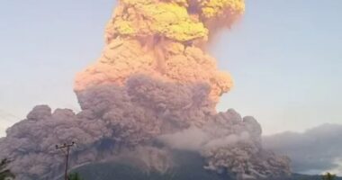 Flight ‘red alert’ issued & tsunami fears as giant SIX-MILE high ash cloud soars from Mount Lewotobi volcano eruption