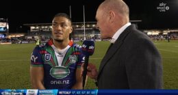 New Zealand Warriors young backrower Leka Halasima is pictured trying to make sense of Halligan's line of questioning