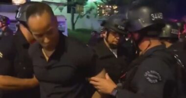 Frantic moment CNN reporter is hauled away by cops live on air at LA protests as anchor screams ‘what’s going on?!’