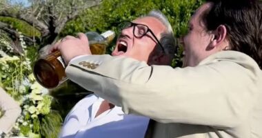Gary Lineker reunites with brother Wayne despite 17-year feud as they swig booze from the bottle during pundit's son Harry's Ibiza wedding - with star left worse for wear after bash