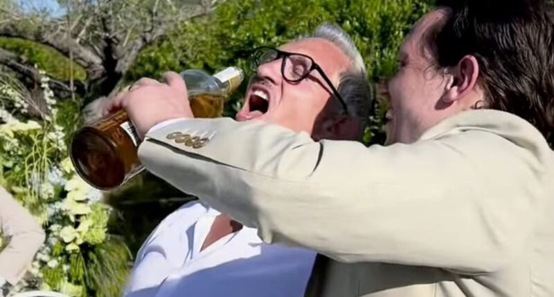 Gary Lineker reunites with brother Wayne despite 17-year feud as they swig booze from the bottle during pundit's son Harry's Ibiza wedding - with star left worse for wear after bash
