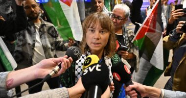 Greta Thunberg's angry reaction when she is asked about some of 'freedom flotilla' group's support for Hamas and Hezbollah as she lands in Sweden