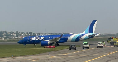 JetBlue plane skids off runway at Boston Logan Airport with all flights halted as rescue crews swarm aircraft