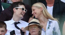 Lady Gabriella Kingston returns to Wimbledon: Royal looks in good spirits as she shares a laugh in the VIP box with friend Robert Denning - a year after her husband's death