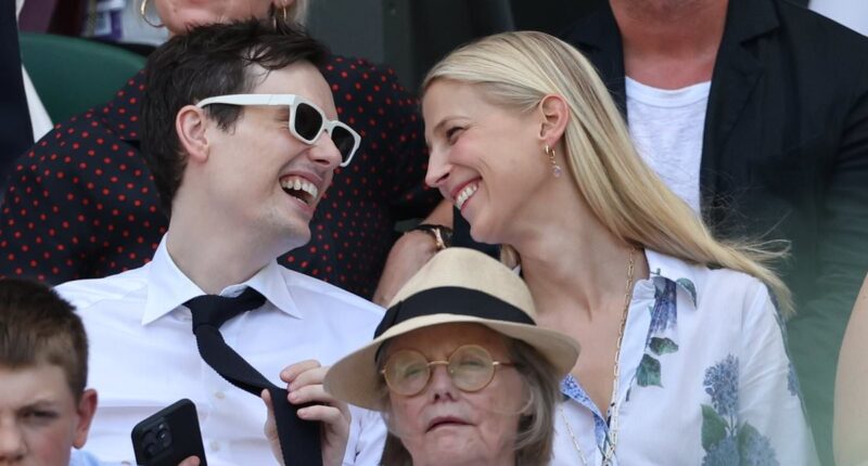 Lady Gabriella Kingston returns to Wimbledon: Royal looks in good spirits as she shares a laugh in the VIP box with friend Robert Denning - a year after her husband's death