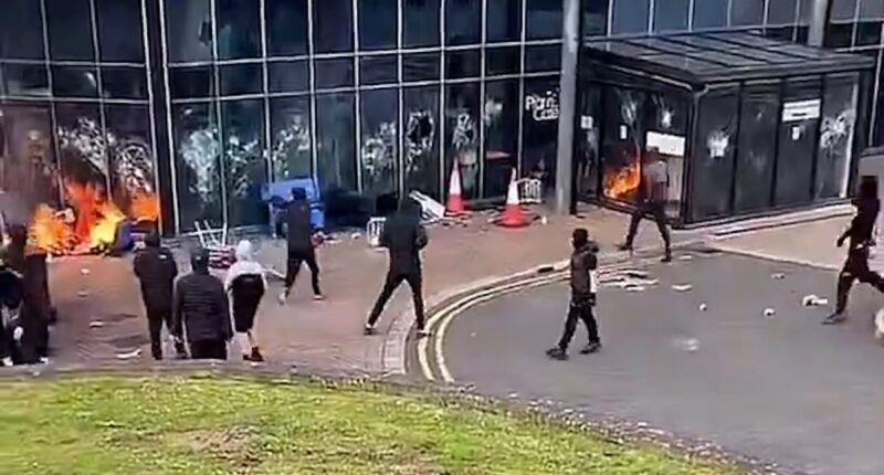 Leisure Centre 'being used as emergency accommodation for immigrants' goes up in flames after being set on fire by masked yobs: Riot cops swarm streets as Northern Ireland enters its third night of unrest 