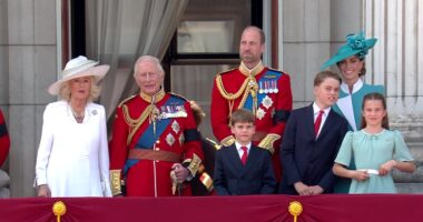 Long to reign over us! Crowds cheer King Charles and Queen Camilla on balcony as Kate, William and their children join them to see Trooping the Colour flypast