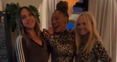 Mel B dances the night away with her leopard-print clad Spice Girls bandmates Mel C and Emma Bunton at lavish 50th birthday party