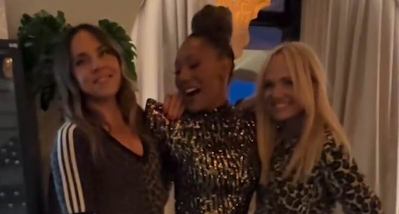 Mel B dances the night away with her leopard-print clad Spice Girls bandmates Mel C and Emma Bunton at lavish 50th birthday party