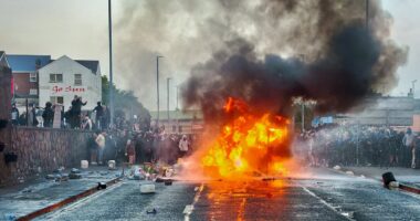 Missiles launched at police as 100s take to the streets of Northern Ireland for a second night after 'Romanian' teenagers appeared in court over alleged attempted rape - as cops make third arrest