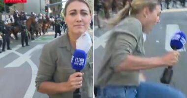 Moment LA cops shoot TV reporter on camera with rubber bullet as Brit photographer also injured in riot anarchy