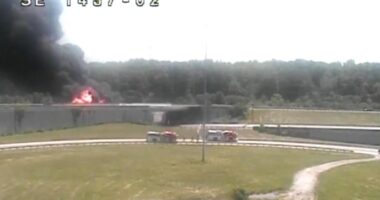 Police: Tanker truck overturns on I-270 in northeast Columbus causing large fire; several lanes closed