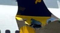 Ryanair jet from UK crashes into barrier on runway at Greek airport wrecking the Boeing 737's wing