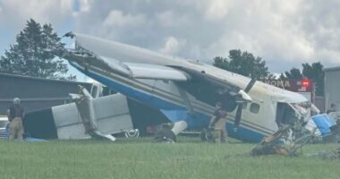 Skydiving plane carrying 20 crashes moments after takeoff leaving several injured as pics show aircraft split in two