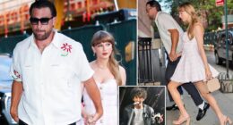 Taylor Swift and Travis Kelce hold hands on romantic date as her bitter ex mocks her publicly