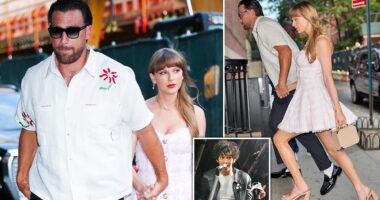 Taylor Swift and Travis Kelce hold hands on romantic date as her bitter ex mocks her publicly