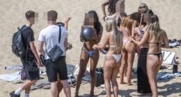Young British sunseekers enjoy 33C heat by bringing their 'hippy crack' to the beach in their droves as the country celebrates 'bunk off Friday'