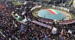 ‘Death to America’ chants ring out at funeral for Iranian commanders killed in war as Trump warns US would bomb again